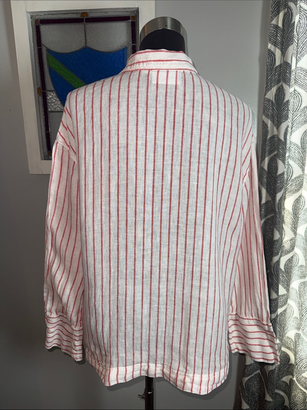 Martha Stewart Collection 100% Linen Red & White Striped V-Neck Shirt - Size M - Picture 5 of 8